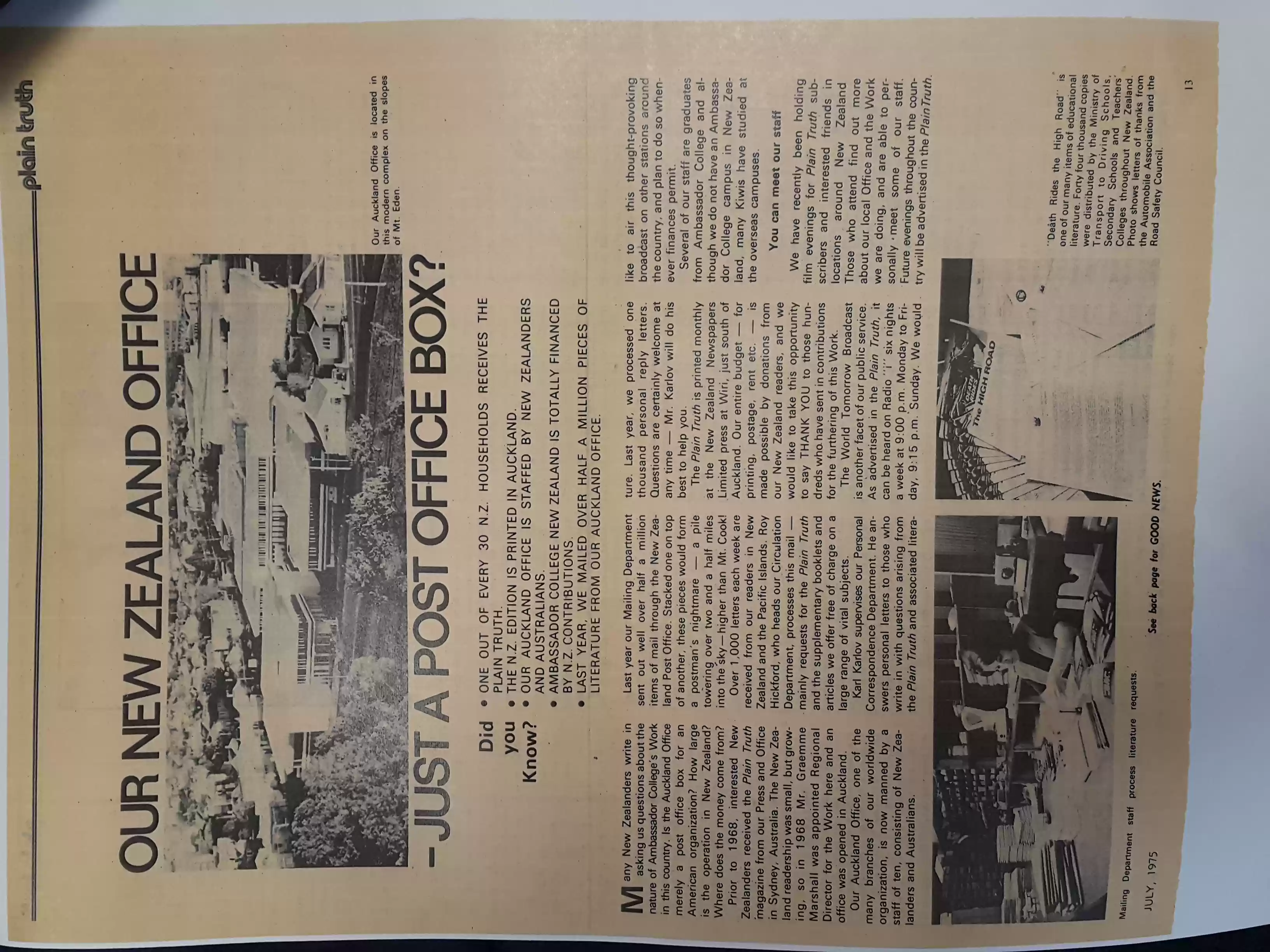WCG Auckland Office, Plain Truth, July 1975